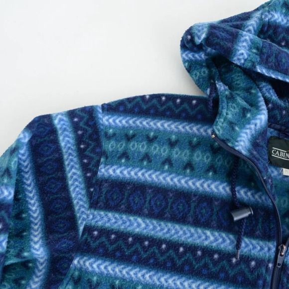Vintage 90S Cabin Creek Blue & Teal Fleece Zip Up Hooded Sweater Size Small - Picture 9 of 11